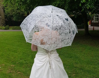 Wedding Umbrellas Clear Transparent with Lace Print Heart Roses Wedding in White