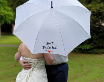 Just Married Wedding Umbrella in White - Large Size Big Enough for Bride & Groom