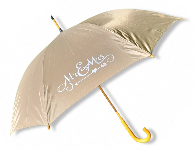 Traditional Gold Wedding Umbrella with Mr & Mrs Print in Silver Automatic with Wooden Crook Handle image 1