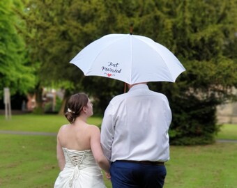 Just Married White Wedding Umbrella - Traditional Solid Wood shaft & Crook Handle - Automatic