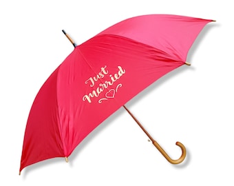 Traditional Wedding Umbrella in Red with Just Married Printed in Gold or Silver - Personalisation Optional