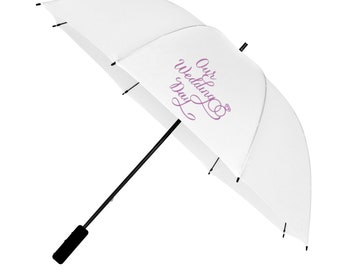 Large White Wedding Umbrella in White with ''Our Wedding Day'' Print Design in Purple - Big Enough for Bride & Groom