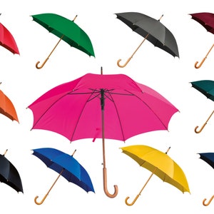 Umbrellas with Wooden Crook Handle - Automatic Opening - Assorted Colours - Ideal for Colourful Weddings