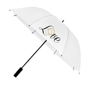 Large White Wedding Umbrella for Bride & Groom with Love and Wedding Rings Design Print - Rain and Sun Cover