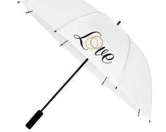 Large White Wedding Umbrella for Bride & Groom with Love and Wedding Rings Design Print - Rain and Sun Cover