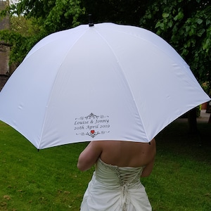 White Wedding Umbrella Personalised with Bride & Groom&#39;s Name and Date Printed