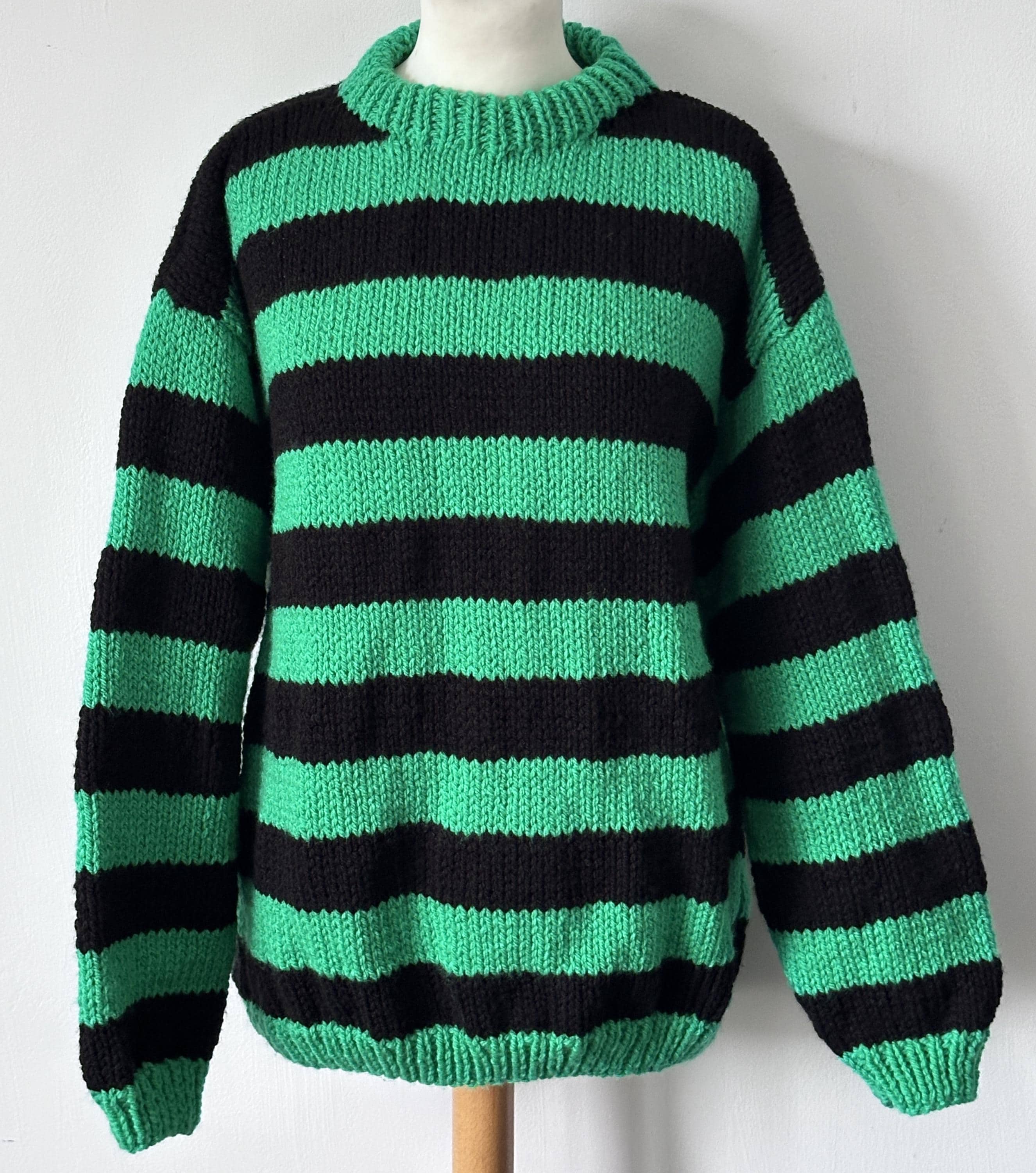 Hand Knitted Chunky Stripe Sweater: Green & Black, Oversized Fit 