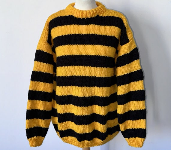 Yellow and Black Striped Sweater Hand Knitted