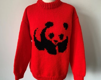 Red Hand Knitted Panda Sweater by 