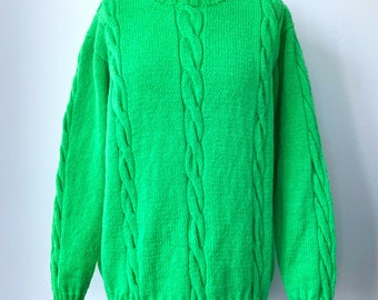 Hand Knitted Aran Cable Bright Green Jumper