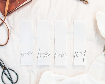 Boho Set of Bookmarks | Vellum Word Bookmark | Bible Verse Journaling | Simple, Beautiful, Cute, Minimalist | Peace, Love, Joy, Hope