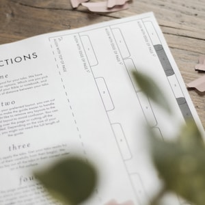 Op de afbeelding: Instructies voor het maken van tabs voor een Bijbel of notitieboek. De instructies omvatten het uitlijnen van de tabs met de rand van de pagina en de bovenkant van de pagina. De afbeelding toont een wit vel papier met zwarte tekst en lijnen.