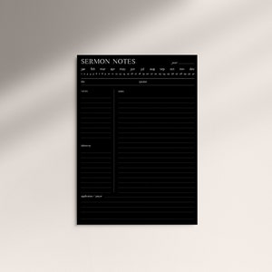 K&ouml;nnte beinhalten: Schwarz-wei&szlig;er druckbarer Predigtnotizplaner mit einem Kalender oben und Abschnitten f&uuml;r Datum, Predigt, Notizen, Mitnahme und Anwendung/Gebet.