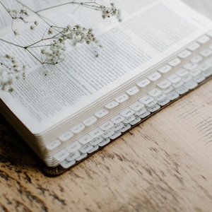 May include: A white, open book with white tabs on the side. The book is lying on a wooden surface with a sprig of white flowers on top.