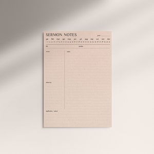 K&ouml;nnte beinhalten: Eine druckbare Predigtnotizseite mit einem Kalender f&uuml;r das Jahr, dem Predigttitel, Notizen, dem Redner, der Schrift und Abschnitten f&uuml;r Anwendung/Gebet.