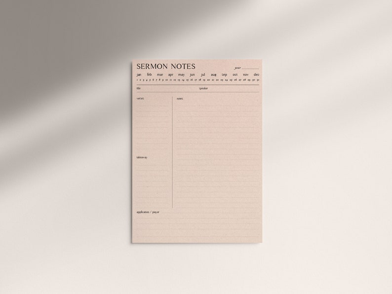 K&ouml;nnte beinhalten: Eine druckbare Predigtnotizseite mit einem Kalender f&uuml;r das Jahr, dem Predigttitel, Notizen, dem Redner, der Schrift und Abschnitten f&uuml;r Anwendung/Gebet.