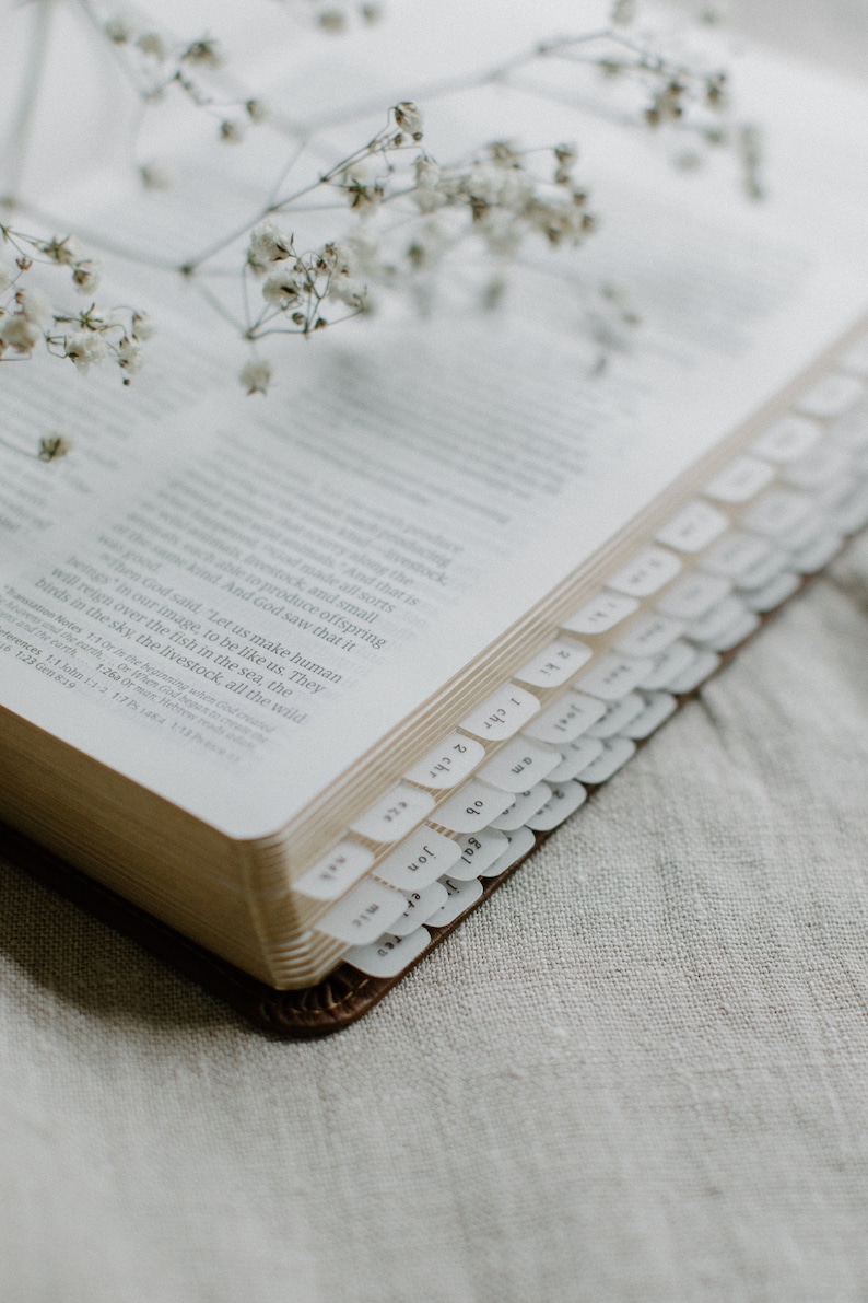 May include: A close-up of a white, leather-bound book with white tabs marking the chapters. The book is open and the pages are visible. A sprig of white flowers is resting on the top of the book.