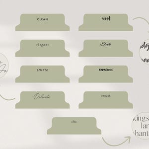 Op de afbeelding: Een set van tien groene scheidingslipjes met verschillende woorden erop geschreven, waaronder "clean", "script", "elegant", "steck", "smooth", "bodacious", "delicate", "unique", "chic" en "kings lamer haniah".
