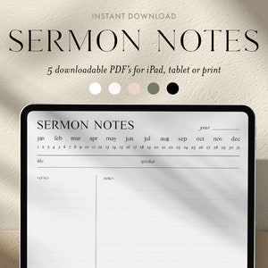 Könnte beinhalten: Ein digitales Tablet zeigt eine druckbare Vorlage für Predigtnotizen. Die Vorlage enthält einen Kalender, Platz für den Titel, Verse, Notizen und den Redner. Der Text auf dem Bildschirm lautet "SERMON NOTES" und "Jahr".