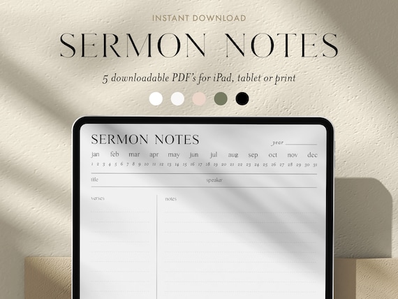 Digital Minimalist Sermon Notes | 5 PDF's For Print or iPad | Bible Study Church Notes Journal | Goodnotes | Procreate | Planner Template