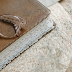 May include: A brown leather-bound journal with white tabs labelled with numbers and letters. The journal is lying on a woven mat with white flowers.