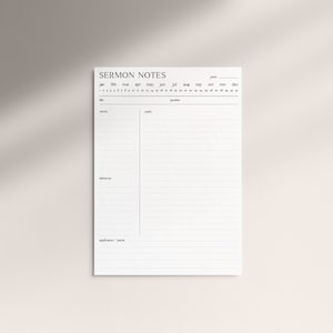 K&ouml;nnte beinhalten: Eine druckbare Predigtnotizseite mit einem Kalender f&uuml;r das Jahr, Platz f&uuml;r das Datum, den Predigttitel, Notizen, den Redner, die Schrift, die Quintessenz und die Anwendung/das Gebet.