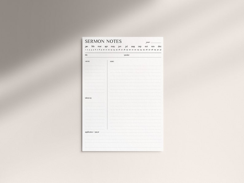 K&ouml;nnte beinhalten: Eine druckbare Predigtnotizseite mit einem Kalender f&uuml;r das Jahr, Platz f&uuml;r das Datum, den Predigttitel, Notizen, den Redner, die Schrift, die Quintessenz und die Anwendung/das Gebet.