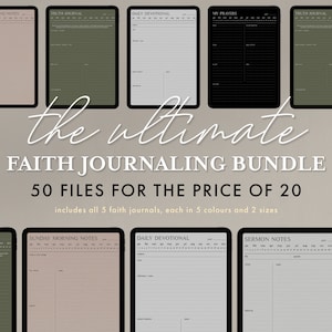 May include: A digital screen displaying a collection of printable faith journaling templates. The templates are in five different colors: black, white, gray, green, and pink. The text on the screen reads "the ultimate FAITH JOURNALING BUNDLE 50 FILES FOR THE PRICE OF 20 includes all 5 faith journals, each in 5 colours and 2 sizes."