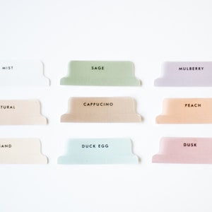 May include: Nine different coloured file folder tabs with the names "Mist", "Sage", "Mulberry", "Natural", "Cappuccino", "Peach", "Sand", "Duck Egg", and "Dusk" printed on them.