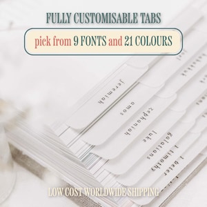 May include: White book index tabs with black text featuring names like Jeremiah, Amos, Zephaniah, Luke, Galatians, 1 Timothy, and 1 Peter. The image includes the text FULLY CUSTOMISABLE TABS, pick from 9 FONTS and 21 COLOURS, and LOW COST WORLDWIDE SHIPPING.