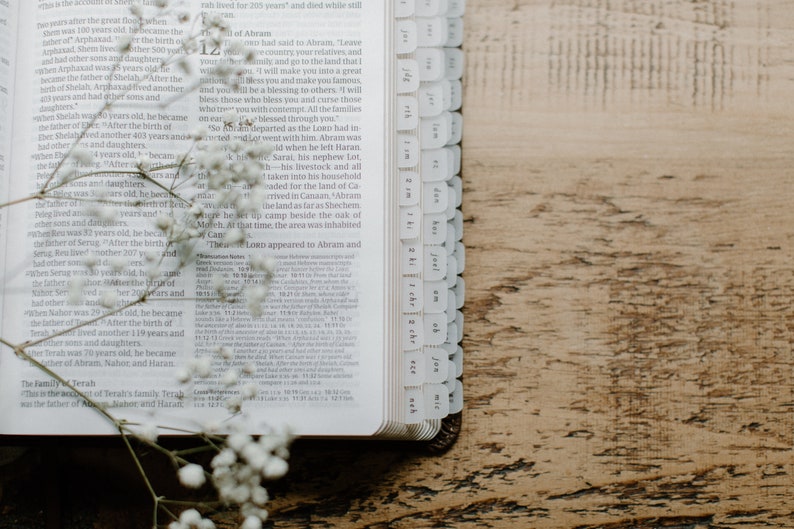 May include: An open Bible with white flowers on top of the pages. The Bible has tabs for each book of the Bible. The pages are open to the book of Genesis.
