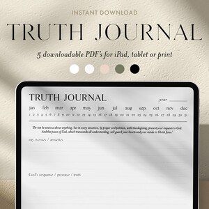 May include: A digital planner with a white background and black text. The planner is titled "Truth Journal" and includes a calendar for the year, a section for "my worries/anxieties", and a section for "God's response/promise/truth".