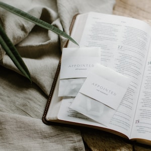 May include: Two white paper packets with the text "APPOINTED" and "Old Testament" and "New Testament" on them, lying open on a white leather-bound Bible.