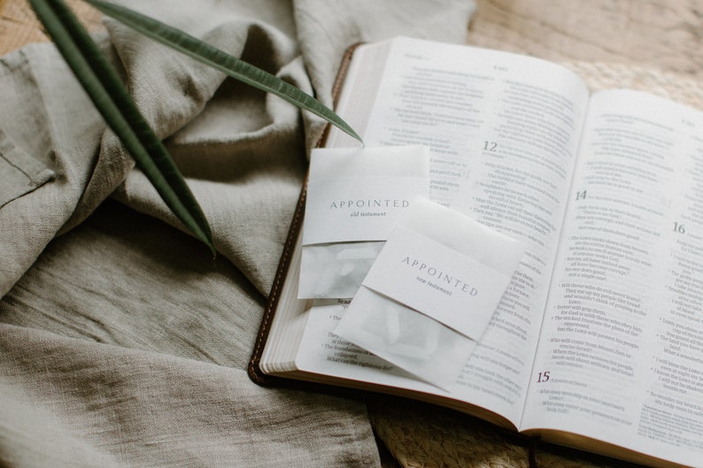 May include: Two white paper packets with the text "APPOINTED" and "Old Testament" and "New Testament" on them, lying open on a white leather-bound Bible.