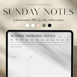May include: A digital planner template on a tablet screen with the title "SUNDAY MORNING NOTES". The template includes a calendar, space for notes, and a section for key verses.
