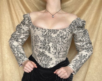 Reversible 18th Century Inspired Corset Top "Alexandria" - Midbust Corset Top With Puffy Sleeves - Cottagecore Bodice - Elizabethan