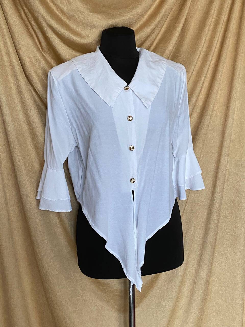 vintage drape White blouse tunic ✴︎ Vintage 1980s Bottom Tie Blouse With Frilly Sleeves and Wide