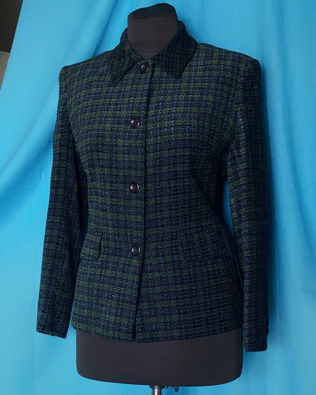ジャケット・アウター 80s black watch tartan wool blouson Vintage 80s Wool Black Watch Tartan Plaid Coat Jacket Green