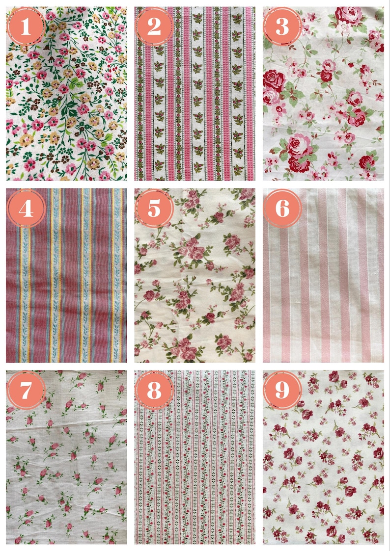 May include: Nine fabric swatches with floral and striped patterns. The fabrics feature various designs, including small flowers, roses, and vertical stripes in colors like pink, red, and white. These fabrics are suitable for sewing and crafting projects.