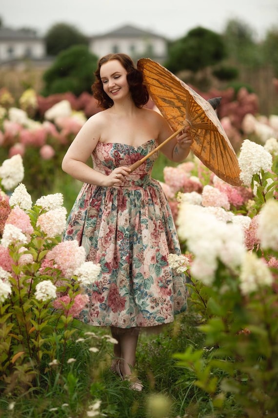 Vintage Inspired Corset Dress bloom 1950s Style Sweetheart Neckline Dress  Mid Century Long Swing Dress 
