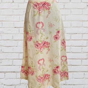 Vintage pink roses linen skirt - floral maxi linen skirt - vintage boho - 70s boho - vintage A-line