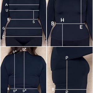 May include: Four images showing a black long-sleeved top with measurement lines. The top has a crew neck and is form-fitting. The brand name "AMI MEDEA" is visible on the top. The images show the front, back, and side views of the top.