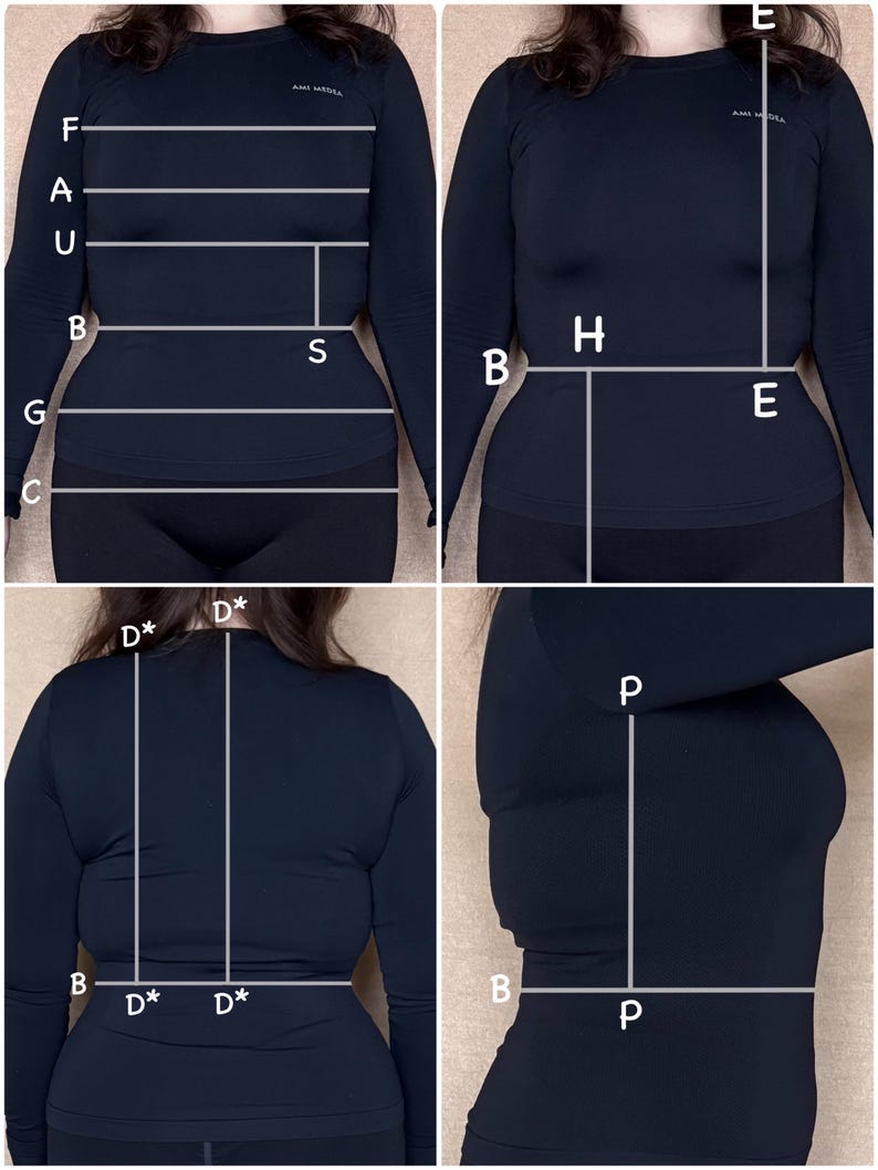 May include: Four images showing a black long-sleeved top with measurement lines. The top has a crew neck and is form-fitting. The brand name "AMI MEDEA" is visible on the top. The images show the front, back, and side views of the top.