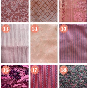 May include: A collection of fabric swatches with various patterns. Includes a red-toned floral design, a diamond pattern, a pink floral design, and striped and floral patterns in pink, red, and green.