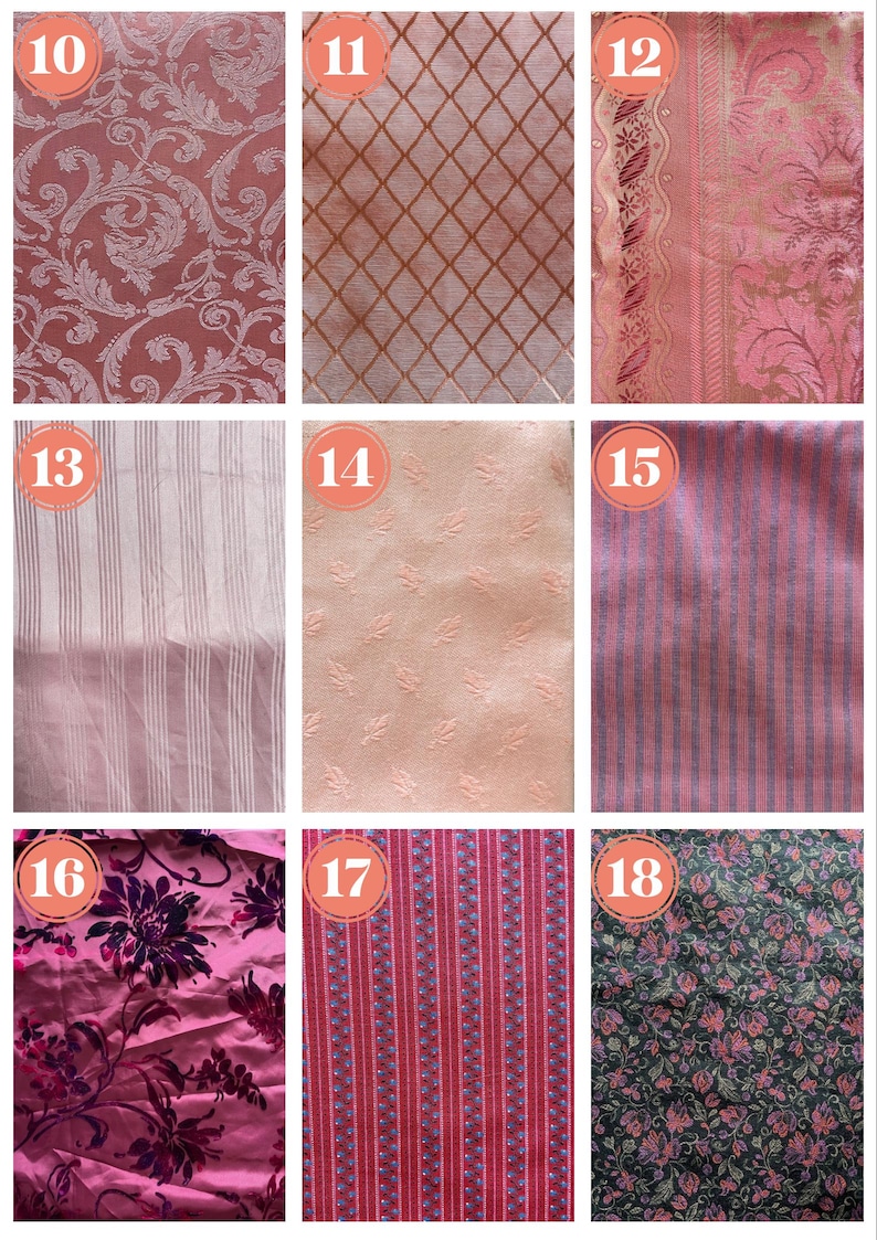 May include: A collection of fabric swatches with various patterns. Includes a red-toned floral design, a diamond pattern, a pink floral design, and striped and floral patterns in pink, red, and green.