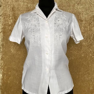 Vintage 1960-70s linen blouse with floral hand embroidery