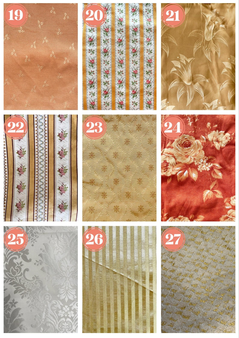 May include: A collection of fabric swatches with various patterns. The swatches include floral, striped, and textured designs in colors like gold, orange, red, and white. Some swatches feature repeating floral or geometric motifs, while others have a more abstract appearance.