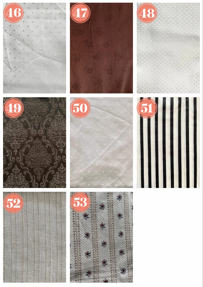 May include: A collection of fabric swatches with various patterns and textures. Includes white fabrics with polka dots and diamond patterns, a brown floral fabric, a black and white striped fabric, and a brown damask pattern.