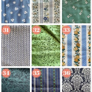 May include: A collection of fabric swatches featuring various patterns and colors. Designs include floral, striped, and damask patterns in shades of blue, green, yellow, and white. The fabrics appear to be cotton or a similar material, suitable for sewing or crafting projects.