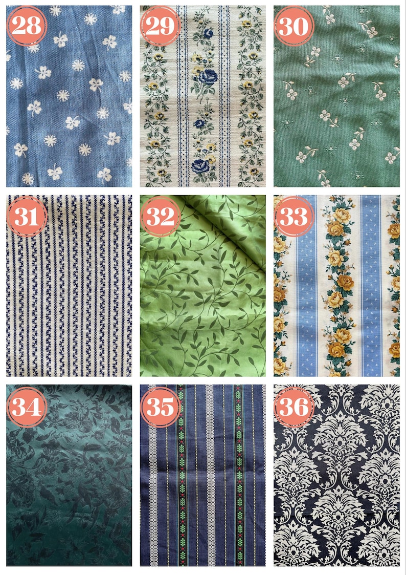 May include: A collection of fabric swatches featuring various patterns and colors. Designs include floral, striped, and damask patterns in shades of blue, green, yellow, and white. The fabrics appear to be cotton or a similar material, suitable for sewing or crafting projects.